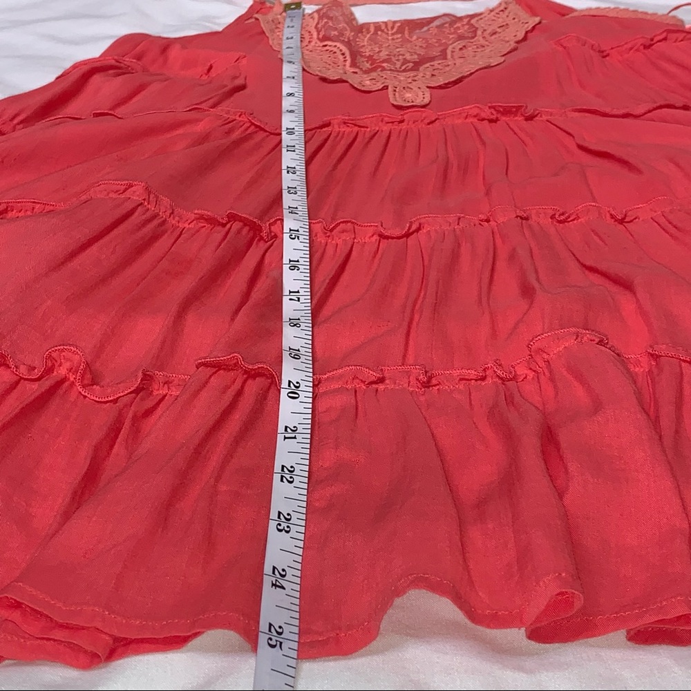 Maddy K Embroidered Lace Mesh Tiered Ruffle Mini Tunic Dress Coral Boho Beach - Picture 12 of 16
